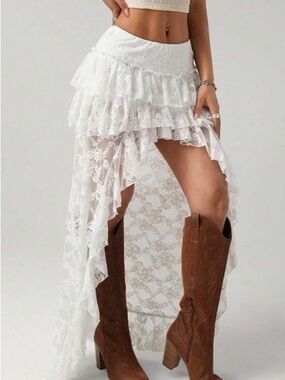 White Lace High-Low Ruffle Maxi Skirt